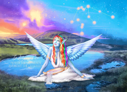 Size: 900x654 | Tagged: safe, artist:ladykraken, imported from derpibooru, rainbow dash, human, aquarius, clothes, constellation, dress, elf ears, female, humanized, pony coloring, solo, water, winged humanization, wings