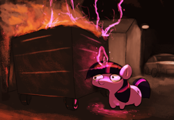 Size: 1815x1254 | Tagged: artist needed, safe, imported from derpibooru, twilight sparkle, pony, unicorn, dumpster fire, female, fire, glow, glowing, glowing horn, horn, lightning, magic, mare, smiling, solo, trash can, twiggie, unicorn twilight, wide eyes