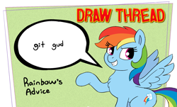 Size: 2009x1217 | Tagged: safe, artist:heretichesh, imported from derpibooru, rainbow dash, pegasus, pony, /mlp/, advice, drawthread, eye clipping through hair, female, five nights at fuckboy's, git gud, my little fucking pony, raised hoof, requested art, solo, speech bubble, talking to viewer, trolling