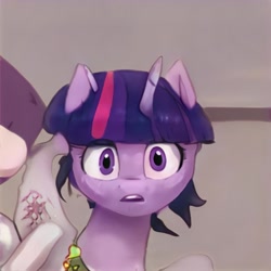 Size: 1024x1024 | Tagged: safe, artist:thisponydoesnotexist, imported from derpibooru, pony, unicorn, accidentally a canon character, ai content, ai generated, bust, female, generator:thisponydoesnotexist, i've seen some shit, mare, neural network, not twilight sparkle, portrait, solo