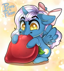 Size: 1280x1415 | Tagged: safe, artist:plumaelegante, imported from derpibooru, oc, oc only, oc:fleurbelle, alicorn, pony, adorabelle, alicorn oc, bow, chibi, eating, female, food, hair bow, herbivore, horn, mare, solo, strawberry, wingding eyes, wings, yellow eyes