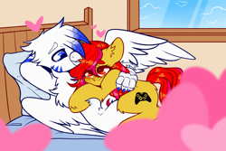 Size: 3000x2000 | Tagged: safe, artist:etoz, imported from derpibooru, oc, oc only, oc:caramel glow, oc:light speed, earth pony, griffon, pony, bed, blushing, commission, earth pony oc, female, griffon oc, happy, heart, hug, male, mare, shipping, smiling, window, wings