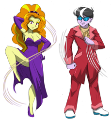 Size: 1961x2126 | Tagged: safe, artist:danmakuman, imported from derpibooru, adagio dazzle, ringo, equestria girls, rainbow rocks, adagringo, adoragio, armpits, breasts, busty adagio dazzle, clothes, crack shipping, cute, dress, evening gloves, female, gloves, high heels, high res, long gloves, looking at you, male, medallion, shipping, shoes, side slit, simple background, straight, sunglasses, total sideslit, white background