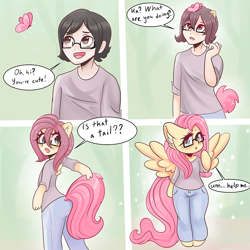 Size: 800x800 | Tagged: safe, artist:valeria_fills, imported from derpibooru, fluttershy, butterfly, human, pegasus, pony, semi-anthro, asking for help, black hair, clothes, female, glasses, help me, human to pony, jeans, magic, male, mare, pants, shirt, solo, surprised, t-shirt, transformation, transgender transformation