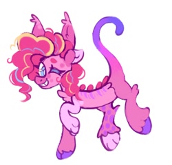 Size: 1388x1331 | Tagged: safe, artist:occultusion, artist:onionpwder, imported from derpibooru, pinkie pie, draconequus, alternate hairstyle, draconequified, female, grin, one eye closed, pinkonequus, raised hoof, raised leg, simple background, smiling, solo, species swap, white background, wink