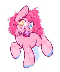 Size: 1252x1495 | Tagged: safe, artist:occultusion, artist:onionpwder, imported from derpibooru, pinkie pie, earth pony, pony, alternate hairstyle, blushing, female, heterochromia, jewelry, mare, missing accessory, mouth hold, necklace, nom, raised hoof, raised leg, redesign, simple background, solo, unshorn fetlocks, white background