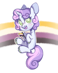 Size: 666x827 | Tagged: safe, artist:occultusion, artist:onionpwder, imported from derpibooru, sweetie belle, pony, unicorn, blushing, female, flag, gender headcanon, headcanon, lgbt headcanon, missing cutie mark, nonbinary, nonbinary pride flag, open mouth, pride, pride flag, rainbow, raised leg, simple background, solo, unshorn fetlocks, white background