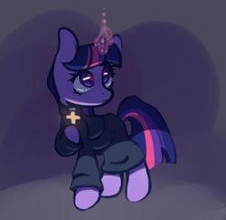 Size: 720x700 | Tagged: safe, artist:occultusion, artist:onionpwder, imported from derpibooru, twilight sparkle, pony, unicorn, airdorf games, christianity, clothes, cross, crossover, crucifix, faith, faith: the unholy trinity, female, glowing horn, hoof hold, horn, horror, indie game, magic, mare, multicolored mane, multicolored tail, new blood interactive, priest, purple eyes, purple fur, raised hoof, shirt, solo, tomboy, unicorn twilight, video game crossover