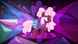 Size: 4096x2304 | Tagged: safe, artist:digimonlover101, artist:laszlvfx, artist:shootingstarsentry, edit, imported from derpibooru, oc, oc only, oc:rose charm, earth pony, pony, cheerleader, cheerleader outfit, clothes, female, mare, open mouth, raised hoof, solo, wallpaper, wallpaper edit