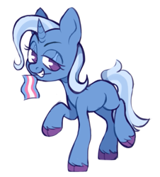 Size: 625x691 | Tagged: safe, artist:occultusion, artist:onionpwder, imported from derpibooru, trixie, pony, unicorn, bedroom eyes, female, grin, mare, missing cutie mark, mouth hold, pride, pride flag, raised hoof, raised leg, simple background, smiling, solo, trans female, trans mare trixie, trans trixie, transgender, transgender pride flag, unshorn fetlocks, white background