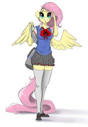 Size: 1415x2048 | Tagged: safe, artist:skitsniga, artist:skitsroom, imported from derpibooru, fluttershy, anthro, pegasus, plantigrade anthro, breasts, clothes, open mouth, ribbon, school uniform, schoolgirl, simple background, skirt, solo, stockings, thigh highs, uniform, white background