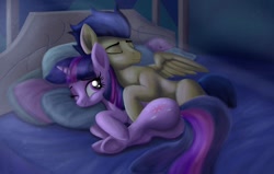 Size: 1600x1018 | Tagged: safe, artist:greenbrothersart, imported from derpibooru, flash sentry, twilight sparkle, alicorn, pony, unicorn, bed, butt, cuddling, eyes closed, female, flashlight, lying down, male, mare, on side, one eye closed, plot, shipping, sleeping, spooning, stallion, straight, twibutt, unicorn twilight, wink