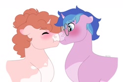 Size: 1280x854 | Tagged: safe, artist:itstechtock, imported from derpibooru, oc, oc only, oc:blueberry tonic, oc:cherry blossoms, pony, unicorn, blushing, boop, female, glasses, magical lesbian spawn, male, mare, noseboop, offspring, parent:tempest shadow, parent:twilight sparkle, parents:tempestlight, simple background, stallion, white background