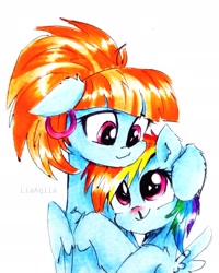 Size: 1947x2429 | Tagged: safe, artist:liaaqila, imported from derpibooru, rainbow dash, windy whistles, pegasus, pony, caring for the sick, cold, cute, dashabetes, female, hug, like mother like daughter, like parent like child, mother and child, mother and daughter, sick, simple background, traditional art, white background, windybetes, young, younger