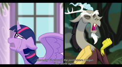 Size: 3031x1671 | Tagged: safe, artist:eveeka, imported from derpibooru, discord, twilight sparkle, alicorn, draconequus, pony, comic:the last adventure, canterlot, crying, everfree forest, eyes closed, feels, female, male, mare, pain, sad, sadness, singing, straight, tears of pain, twilight sparkle (alicorn), wings