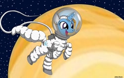 Size: 1024x643 | Tagged: safe, artist:joko-zuno, imported from derpibooru, trixie, pony, unicorn, astronaut, female, mare, solo, space, spacesuit, stars, venus