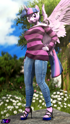 Size: 2160x3840 | Tagged: safe, artist:shadowboltsfm, imported from derpibooru, twilight sparkle, alicorn, anthro, plantigrade anthro, 3d, 4k, breasts, clothes, crepuscular rays, eyelashes, feet, hand on hip, high heels, jeans, looking at you, open-toed shoes, pants, shoes, smiling, solo, source filmmaker, standing, sun ray, toes, twilight sparkle (alicorn), wings