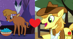 Size: 1272x692 | Tagged: safe, edit, edited screencap, imported from derpibooru, screencap, braeburn, little strongheart, buffalo, earth pony, pony, over a barrel, braeheart, clothes, female, male, night, shipping, shipping domino, stallion, straight, tipi