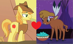 Size: 426x259 | Tagged: safe, edit, edited screencap, imported from derpibooru, screencap, braeburn, little strongheart, buffalo, earth pony, pony, over a barrel, braeheart, female, male, shipping, shipping domino, straight, tipi