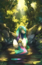 Size: 2650x4096 | Tagged: safe, artist:anticular, imported from derpibooru, princess celestia, alicorn, pony, bathing, crepuscular rays, eyes closed, female, floppy ears, forest, high res, lilypad, mare, scenery, smiling, solo, water, wet, wet mane