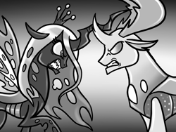 Size: 2048x1536 | Tagged: safe, artist:melspyrose, imported from derpibooru, queen chrysalis, thorax, changedling, changeling, grayscale, grin, king thorax, monochrome, smiling