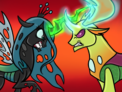 Size: 2048x1536 | Tagged: safe, alternate version, artist:melspyrose, imported from derpibooru, queen chrysalis, thorax, changedling, changeling, angry, glowing horn, gritted teeth, horn, king thorax, magic