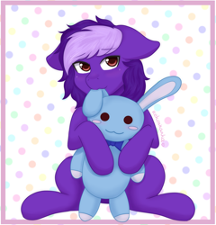 Size: 2250x2345 | Tagged: safe, artist:nekoshanka, imported from derpibooru, oc, oc only, pony, rabbit, adult foal, animal, biting, commission, cute, ear bite, finished commission, male, munching, plushie, purple, red eyes, solo, ych result