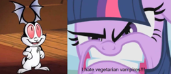 Size: 987x430 | Tagged: safe, edit, edited screencap, imported from derpibooru, screencap, twilight sparkle, rabbit, vampire, feeling pinkie keen, angry, animal, bunnicula, reaction image, screenshots