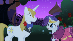 Size: 1280x720 | Tagged: safe, imported from derpibooru, screencap, prince blueblood, rarity, pony, unicorn, the best night ever, female, flower, male, mare, rose, stallion