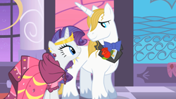 Size: 1280x720 | Tagged: safe, imported from derpibooru, screencap, prince blueblood, rarity, pony, unicorn, the best night ever, clothes, dress, female, gala dress, male, mare, stallion