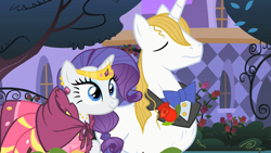 Size: 1280x720 | Tagged: safe, imported from derpibooru, screencap, prince blueblood, rarity, pony, unicorn, the best night ever, clothes, dress, female, gala dress, male, mare, stallion