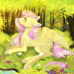 Size: 1000x1000 | Tagged: safe, artist:kiwi-peewee, imported from derpibooru, fluttershy, butterfly, pegasus, pony, blushing, butterfly on nose, cheek fluff, chest fluff, colored hooves, dandelion, ear fluff, female, floppy ears, flower, flower in hair, forest, grass, insect on nose, looking at something, looking up, lying down, mare, outdoors, peaceful, profile, prone, solo, spread wings, tree, unshorn fetlocks, wings