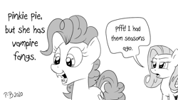 Size: 1200x675 | Tagged: safe, artist:pony-berserker, imported from derpibooru, fluttershy, pinkie pie, earth pony, pegasus, pony, dialogue, fake fangs, fangs, implied flutterbat, monochrome, pony-berserker's twitter sketches, screentone, speech bubble, vampire teeth