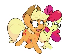 Size: 2643x2032 | Tagged: safe, artist:kindakismet, imported from derpibooru, apple bloom, applejack, earth pony, pony, cute, duo, exclamation point, female, filly, high res, mare, open mouth, siblings, simple background, sisters, smiling, white background