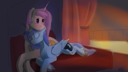 Size: 3840x2160 | Tagged: safe, artist:tenebrisnoctus, imported from derpibooru, princess celestia, princess luna, alicorn, pony, balcony, bed, colored hooves, cuddling, duo, eyes closed, female, folded wings, high res, indoors, looking away, lying down, mare, pink-mane celestia, prone, royal sisters, s1 luna, short mane, siblings, sisters, wings