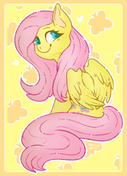 Size: 613x845 | Tagged: safe, artist:meow-parties, imported from derpibooru, fluttershy, butterfly, pegasus, pony, colored pupils, cute, female, heart, looking back, mare, shyabetes, sitting, smiling, solo