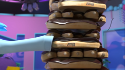 Size: 1366x768 | Tagged: safe, imported from derpibooru, screencap, rainbow dash, pegasus, pony, hello pinkie pie, eclair, food, foodplay, hoof only, hoof touching, jenga, legs, offscreen character, pictures of legs, pushing, the best eclair jenga player