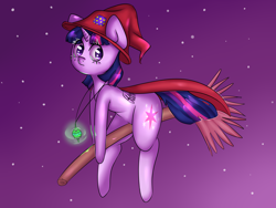 Size: 4000x3000 | Tagged: safe, artist:0blackster, artist:ranillopa, imported from derpibooru, twilight sparkle, alicorn, pony, broom, cape, clothes, female, flying, flying broomstick, hat, jewelry, necklace, night, solo, twilight sparkle (alicorn), witch hat