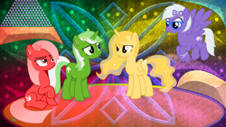 Size: 3840x2160 | Tagged: safe, artist:arifproject, artist:laszlvfx, edit, imported from derpibooru, oc, oc only, oc:comment, oc:downvote, oc:favourite, oc:upvote, alicorn, earth pony, pegasus, pony, derpibooru, abstract background, derpibooru ponified, female, group, high res, mare, meta, ponified, wallpaper, wallpaper edit