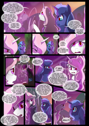 Size: 1240x1754 | Tagged: safe, artist:lunarcakez, imported from derpibooru, princess celestia, princess luna, oc, oc:mazzy, pony, comic:the origins of hollow shades, comic, magic, pink-mane celestia, s1 luna