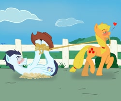 Size: 1200x1000 | Tagged: safe, artist:sipioc, imported from derpibooru, applejack, soarin', earth pony, pegasus, pony, blushing, bondage, dragging, female, fence, floating heart, heart, hogtied, kiss mark, lasso, lipstick, lying down, male, mare, mouth hold, on back, romance, rope, rope bondage, shipping, soarinjack, stallion, straight, this will end in snu snu, tied up