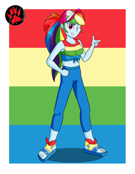 Size: 3500x4500 | Tagged: safe, artist:darkprinceismyname, imported from derpibooru, rainbow dash, equestria girls, spring breakdown, belly button, cruise outfit, female, one eye closed, rainbow background, simple background, solo, wink