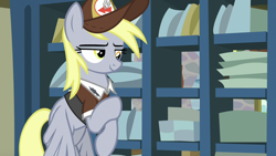 Size: 1280x720 | Tagged: safe, imported from derpibooru, screencap, derpy hooves, pegasus, pony, the break up breakdown, female, hat, mailmare, mailmare hat, mailmare uniform, mare, post office