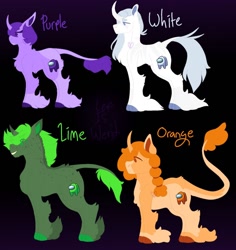 Size: 1280x1356 | Tagged: safe, artist:lepiswerid, imported from derpibooru, oc, oc:lime (among us), oc:orange (among us), oc:purple (among us), oc:white (among us), pony, unicorn, among us, cloven hooves, colored hooves, curved horn, fetlock tuft, horn, leonine tail