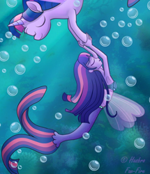 Size: 1600x1861 | Tagged: safe, artist:frozen-fairyfire, edit, imported from derpibooru, sci-twi, twilight sparkle, alicorn, mermaid, pony, seapony (g4), equestria girls, cropped, fanfic art, female, glasses off, lesbian, loose hair, mermaid lovers, mermaid sci-twi, mermaidized, seaponified, seapony twilight, shipping, species swap, twilight sparkle (alicorn), twitwi, twolight