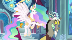 Size: 1920x1080 | Tagged: safe, imported from derpibooru, screencap, discord, princess celestia, the ending of the end, throne, throne room