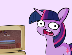 Size: 1984x1500 | Tagged: safe, artist:tjpones, artist:tjpones edits, edit, imported from derpibooru, twilight sparkle, computer, looking at you, minecraft, open mouth, reaction image, twilight's computer