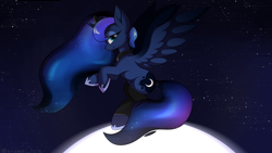 Size: 3840x2160 | Tagged: source needed, safe, artist:arume_lux, artist:luxsimx, imported from derpibooru, princess luna, alicorn, pony, absurd resolution, eye clipping through hair, female, flying, high res, looking at you, mare, moon, smiling, smiling at you, solo, space, spread wings, stars, wings