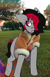 Size: 1300x2000 | Tagged: safe, artist:lazerblues, edit, imported from derpibooru, oc, oc:miss eri, earth pony, pony, black and red mane, clothes, jacket, scar, two toned mane