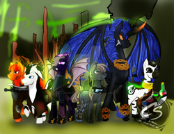 Size: 1024x792 | Tagged: safe, artist:adhiguna, artist:johnathon-matthews, imported from derpibooru, oc, oc only, oc:coppervain, oc:progress, oc:shadow fire, oc:shieldwing, pony, zebra, fallout equestria, amputee, battle saddle, commission, deviantart watermark, fallout, obtrusive watermark, prosthetic limb, prosthetics, watermark